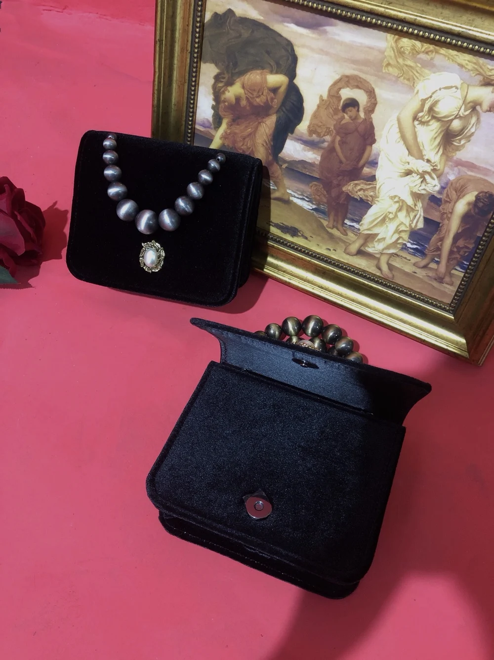 Lost in Vintage 1960s  Velvet Handbag Square Flat Evening Bag Black Fabric with Gold & Pearls Purse Mini Clutch Clasp Purse