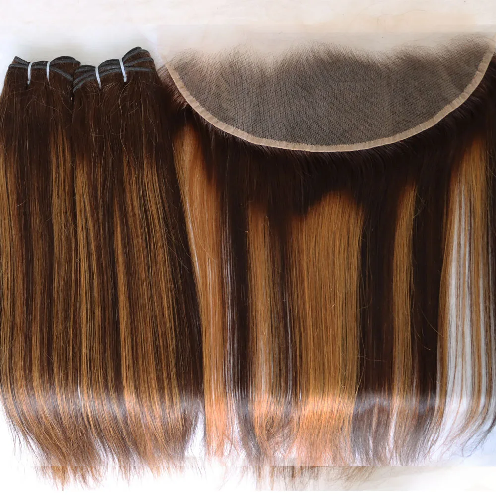 الجملة البرازيلي الإنسان عذراء الشعر لحمة حزم مستقيمة مع تسليط الضوء الأمامي إغلاق الدانتيل # 2 بني # 30 أشقر
