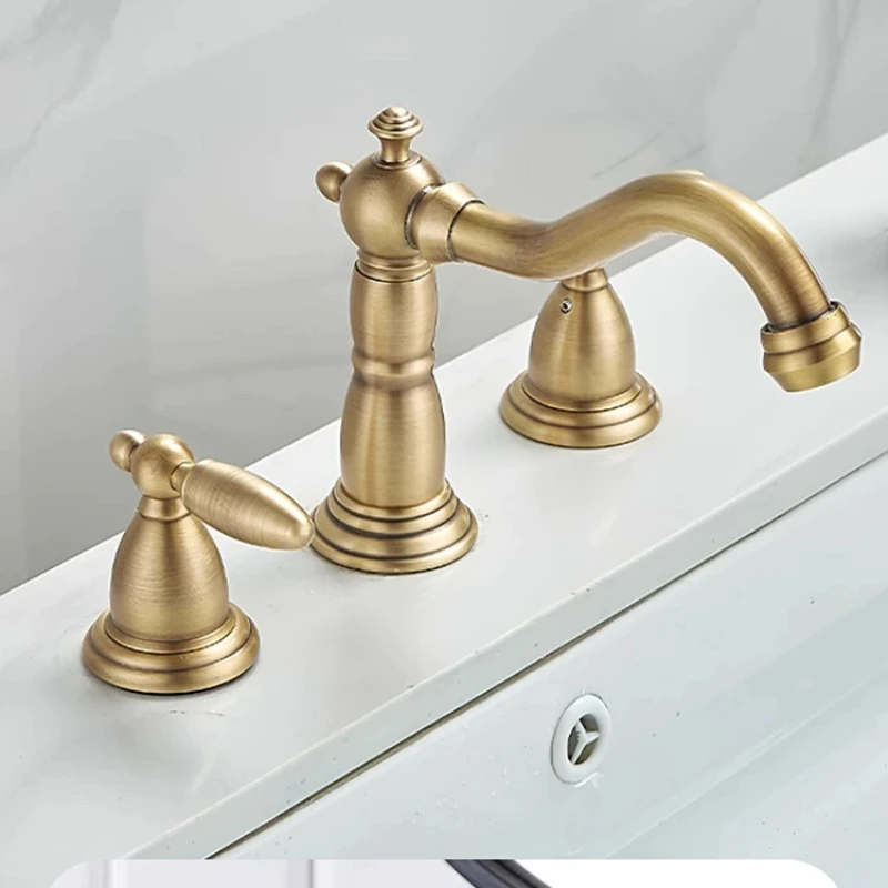 

Antique Three Holes Double Handle Desk Mount Basin Faucet Brass High Quality Bathroom Sink Mixer Tap