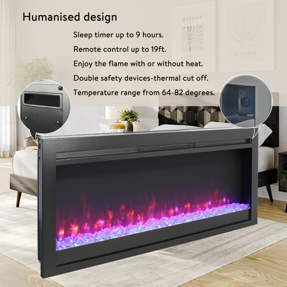 44 inch in wall recessed  electric fireplace with remote and multi color flame & emberbed, LED light heater