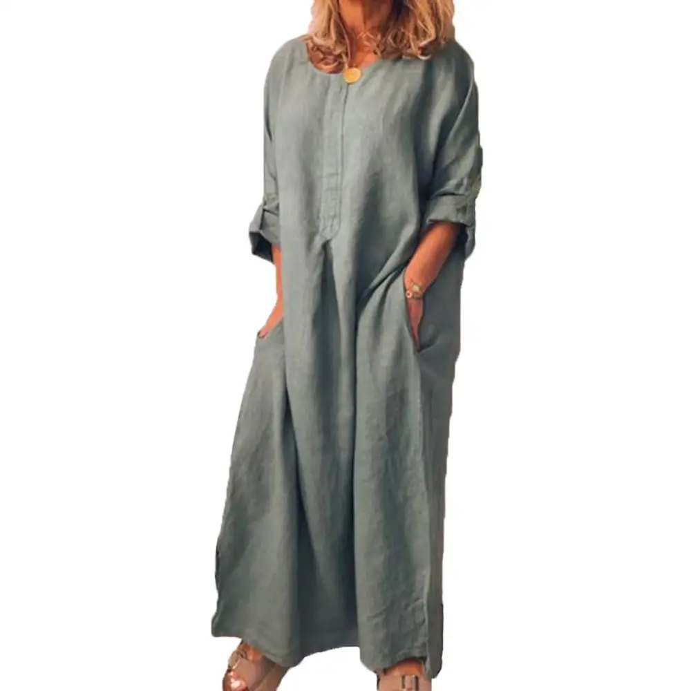 Hot Sales Casual Women Solid Color Oversize Maxi Cotton Linen Long Shirt Kaftan Dress