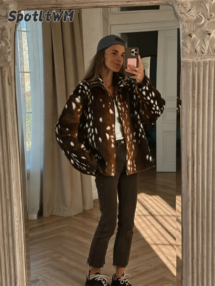 Women Brown Bambi Print Fuzzy Plush Fur Wide Lapel Zip Up Coats Vintage Long Sleeve Cuff Outerwear 2026 Fall Daily Street Jacket