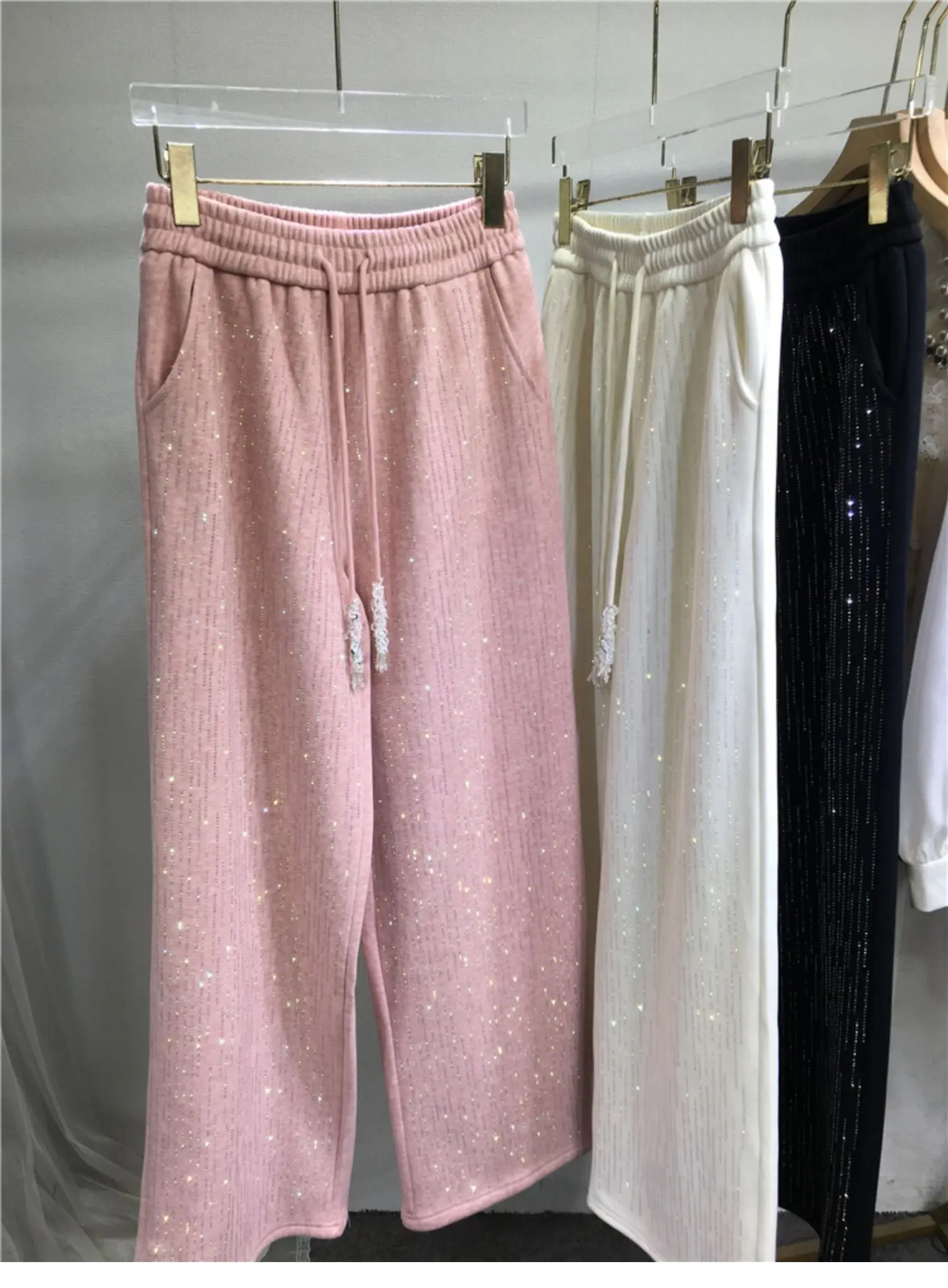 Fleece-Lined Thickened Straight-Leg Pants for Women Rhinestones Versatile Pants with Elastic Waist for Autumn and Winter
