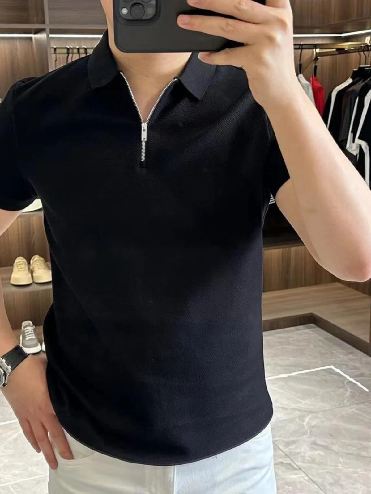 

Высококачественная мужская футболка с воротником на молнии, коротким рукавом, приталенного кроя, класса люкс, базовая, модная, в городском стиле.