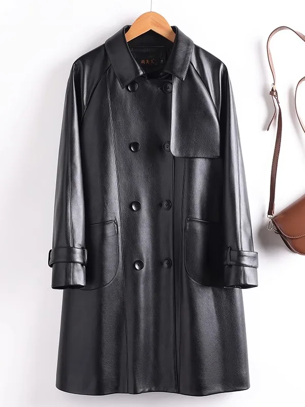 

Cool Bla eep Leather Jaet Women's Loose Long Coat Sli Commuter Sle Thiened Long Sve Collar Coat for Spring