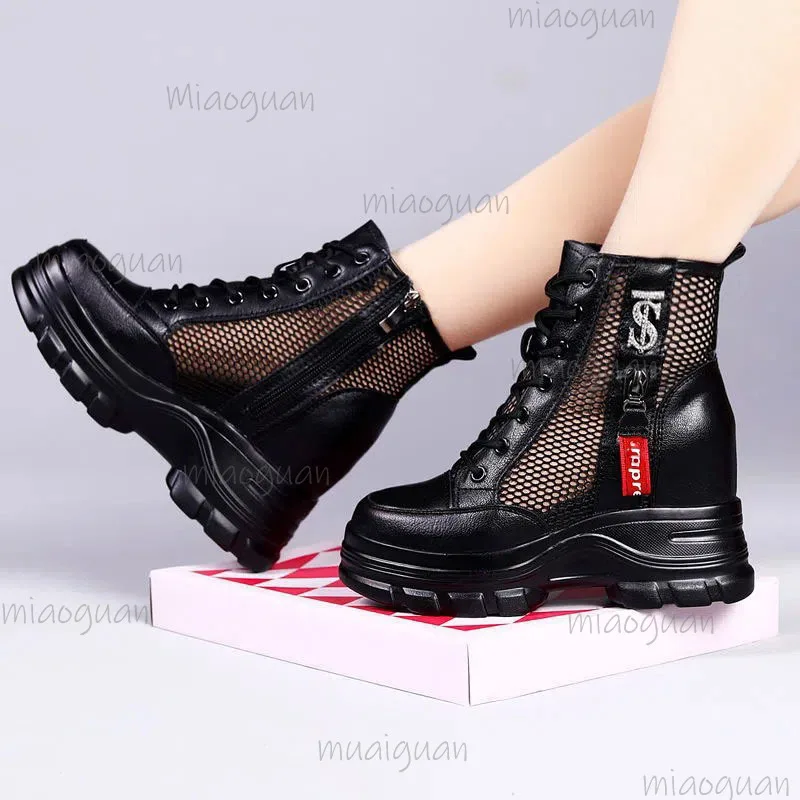 

Summer New Round Head Mesh Cloth Breathable Side Zipper Bota Feminina Platform Anti-slip Short Boots Zapatos De Mujer Size 40