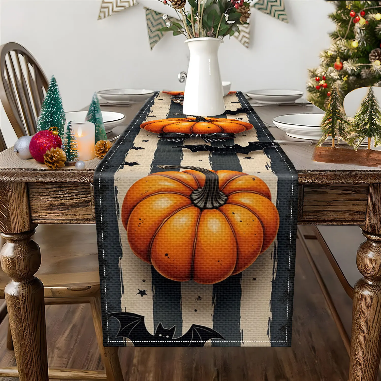 قطعة واحدة من مفرش طاولة الهالوين ذو الطابع الداكن، يتميز بأنماط اليقطين والخفافيش، ومناسب لحفلات الهالوين والديكورات الداكنة #2