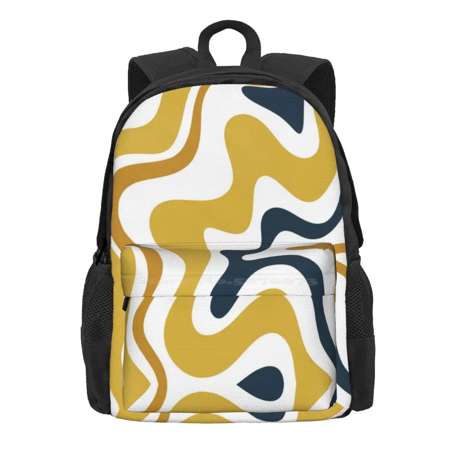 Retro Liquid Swirl Abstract Pattern In Mustard Yellow, Navy Blue, And White Hot Sale Schoolbag Backpack Fashion Bags Abstract