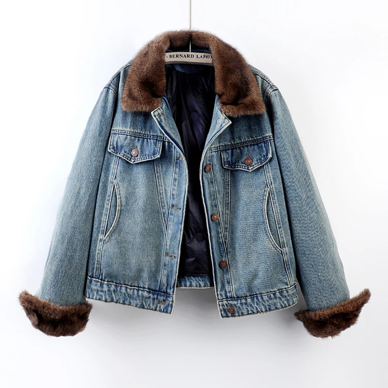 Winter Vintage Washed Blue Denim Jacket Women Faux Fur Collar Warm Down Liner Cowboy Outerwear Lapel Long Sleeve Jeans Jackets