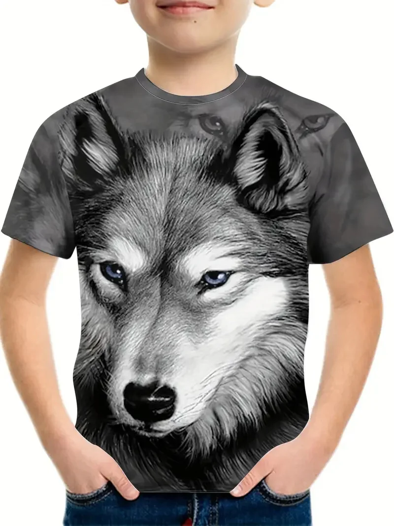 

2024 Retro Wolf Fashion T Shirt Animal 3d Print Top Tee Shirt Kids Boy Clothes Anime Short Sleeve Casual Children's Clothing