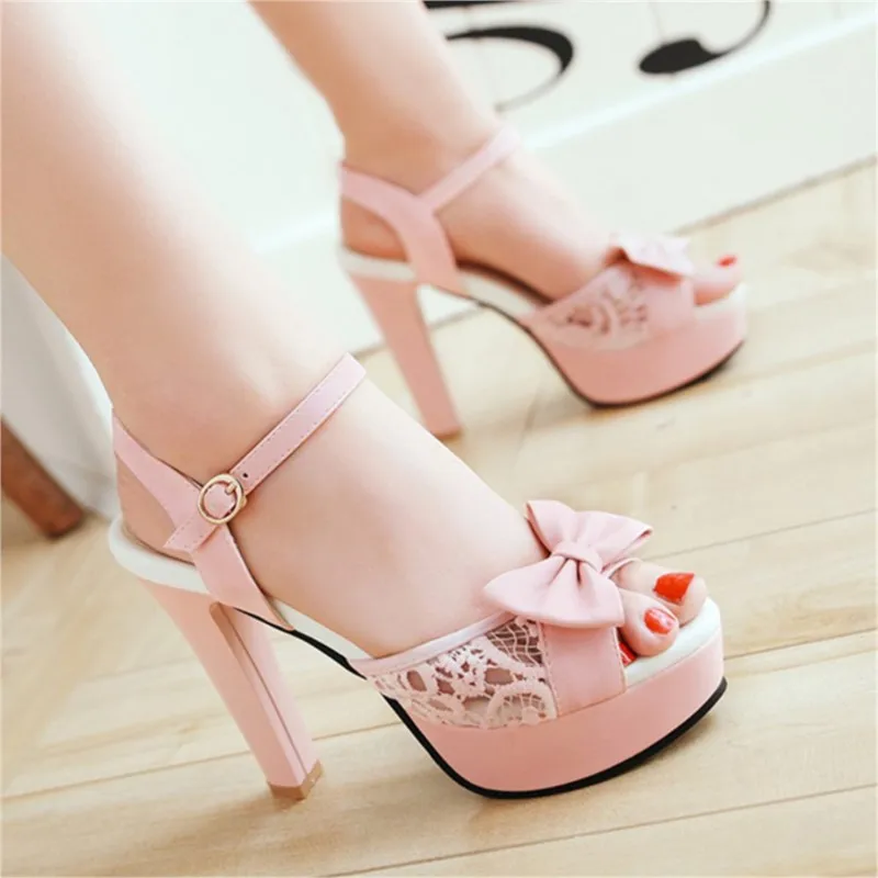 Women Summer Lace Bow Mesh Shoes Fish Mouth High Heel Ladys Platform Sandals Evening White Dress Wedding Female