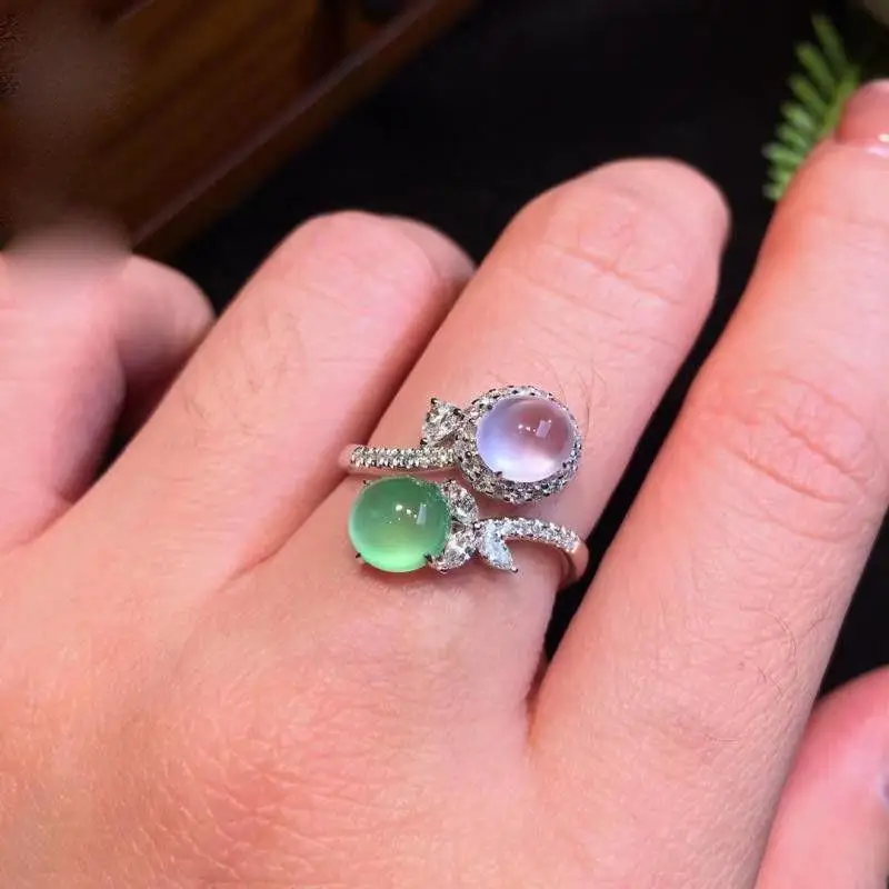 silver 925 natural ice chalcedony rings for women inlaid diamonds light purple green dual color circular ring charm jewelry