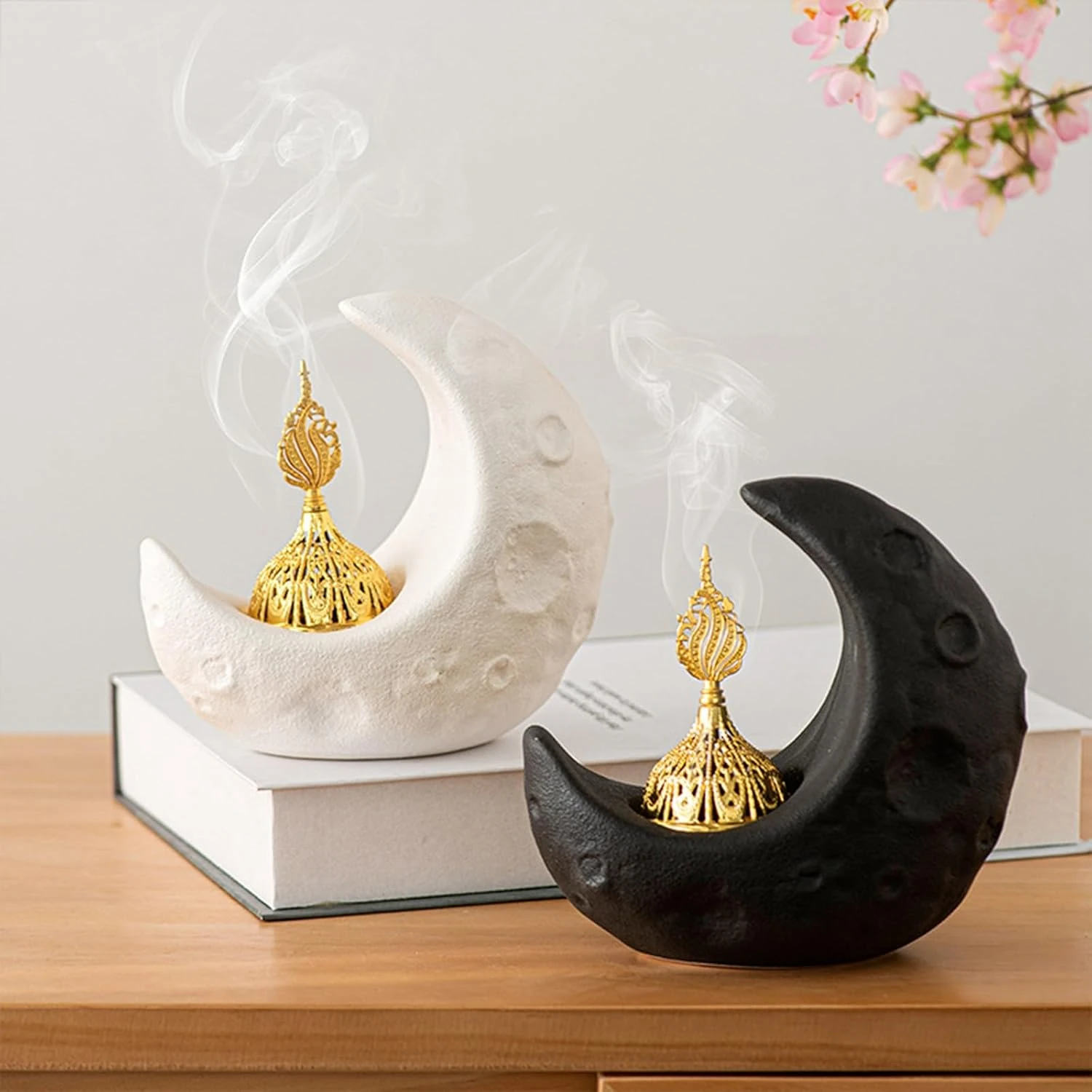 Moon Burner Ceramic Fountain Holder Yoga Meditation Decor Moon Decor Yellow