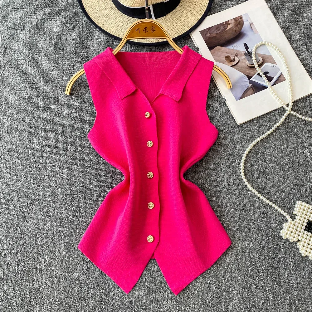 Chaleco frontal con botones dorados para mujer, chaleco de punto ajustado sin mangas con cuello en V y temperamento francés