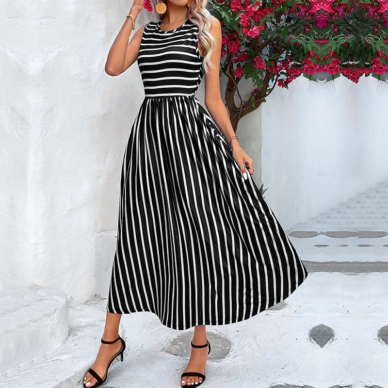 Long Dress Women Dresses A Line Striped Vestidos High Waist Round Neck Sleeveless Elegant Splice Y2k Party Club Summer 2025