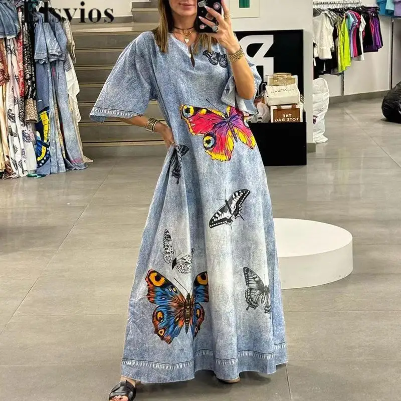 

Women Casual Office V-neck Pullover Dress 2024 Fashion Short Sleeve Pockets Long Dress Ladies Elegant Smile Printed Office Dress