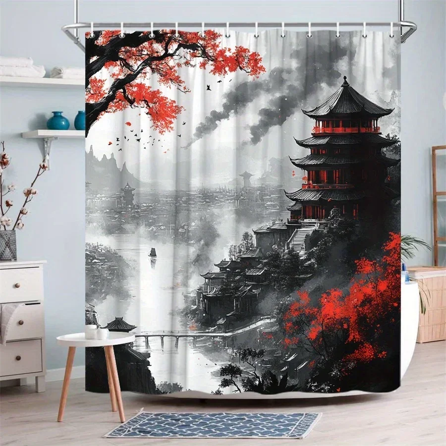 ~O~1pc Asian Cityscape Shower Curtain - Misty Pagodas, Red Tree & Bridge Design with Striking Red Accents, Durable Polyester Fab