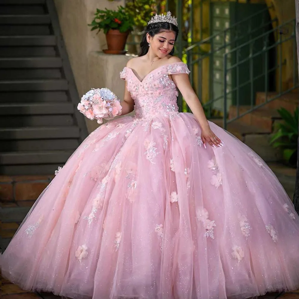 

Lovely Pink Quinceanera Dresses 2024 Elegant V Neck Ball Gown Sweet 16 Dress Girl Birthday Party Vestidos 15 Anos Princess Gown