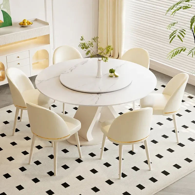 Round Rock Slab Dining Table with Turntable Modern Simple Cream Style Small Apartment Home Use Dining Table and Chair Set