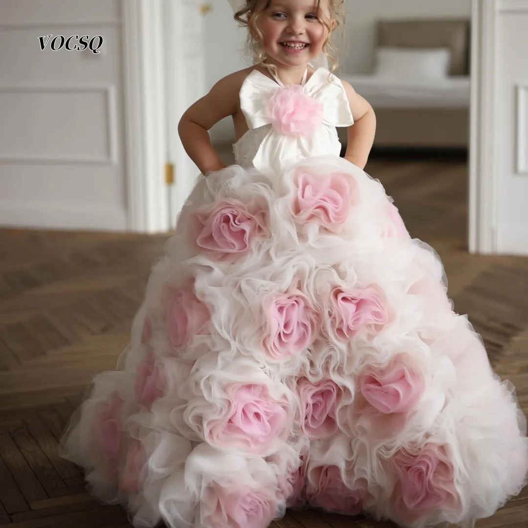Flower Girl Dress Halter Big Bow 3D Pink Rose Tulle Ball Gown Backless Train Kids Princess Dress Wedding Children Formal Gown