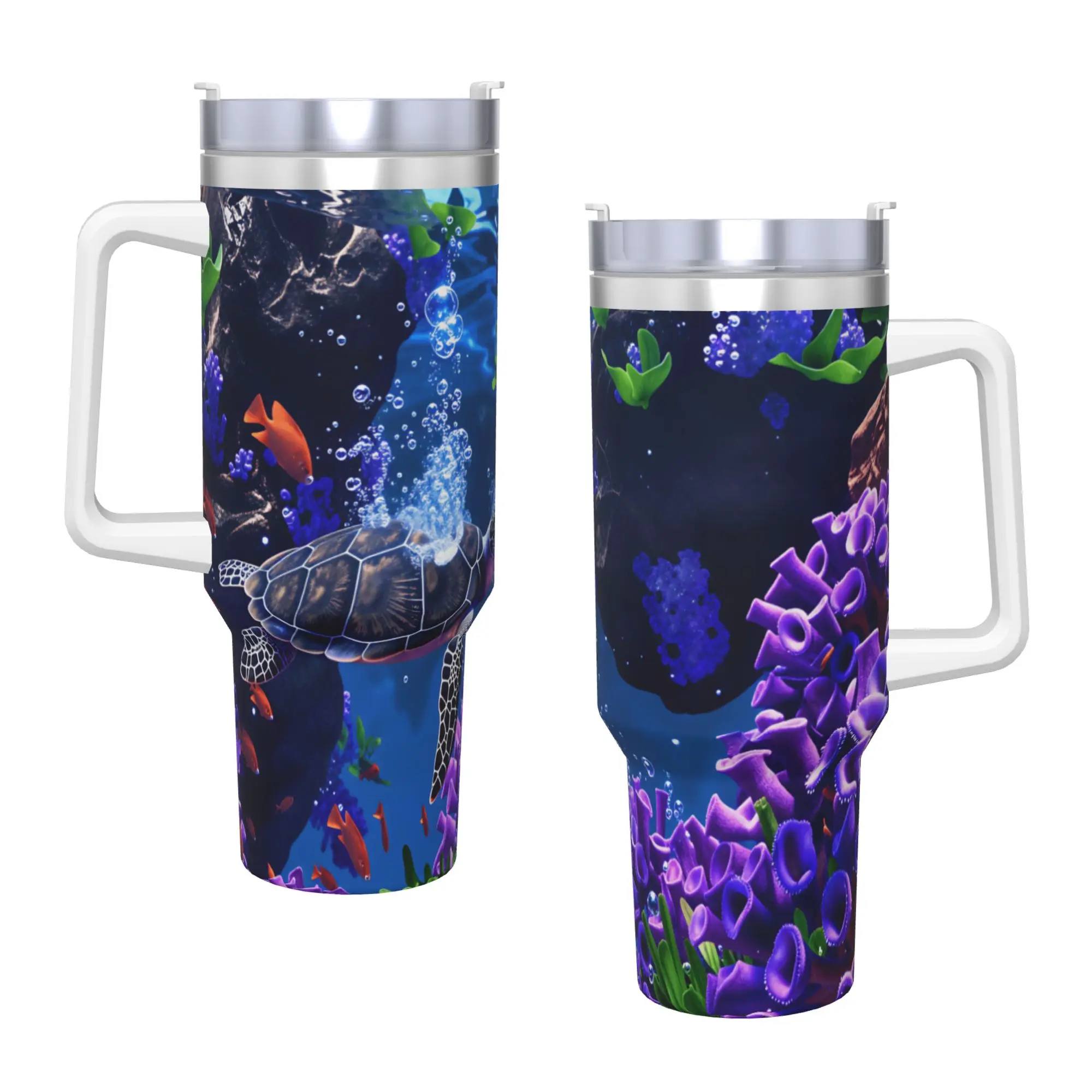 Stainless Steel Tumbler Sea Turtle Swimming Purple Coral Reef Ocean Car Mugs With Straws  Driving Cold Drink Water Bottle