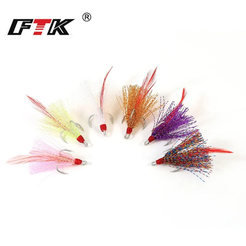 FTK Six Colors Tie Feather Treble Hook 1 2 4 6 Three Anchor Hook Fishhook Fishhook with Wool Fishing Gear