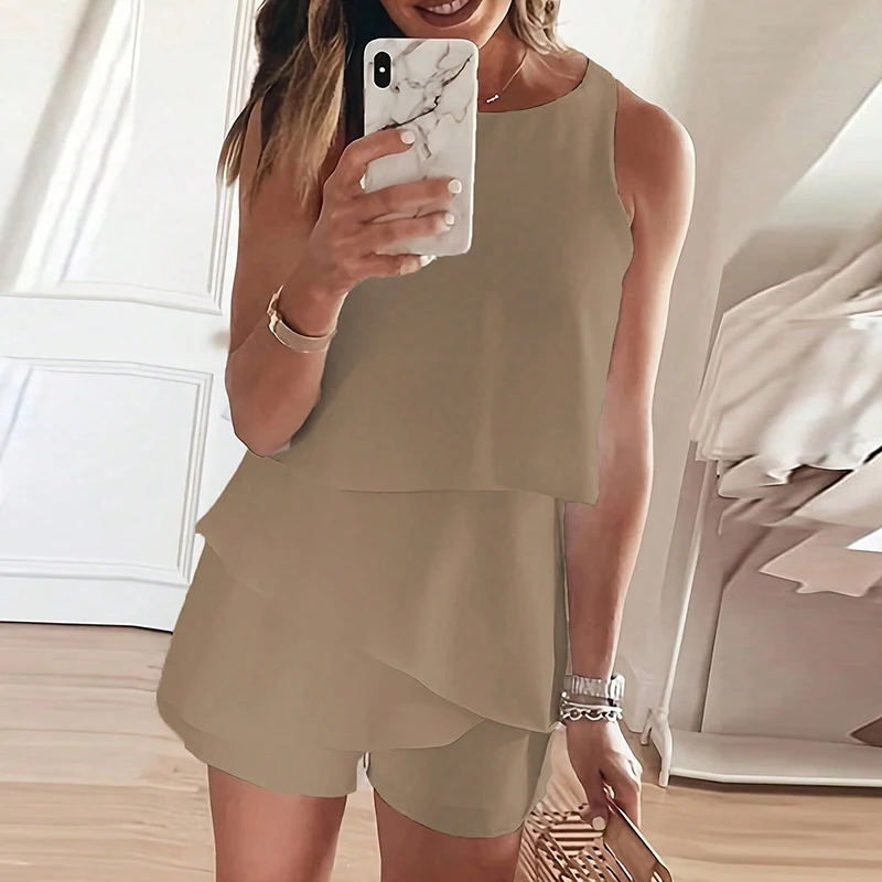 Simple Solid Ruffle One Piece Romper Office Casual O Neck Sleeveless Women's Jumpsuit Fashion High Waist Shorts Summer Playsuits view 4