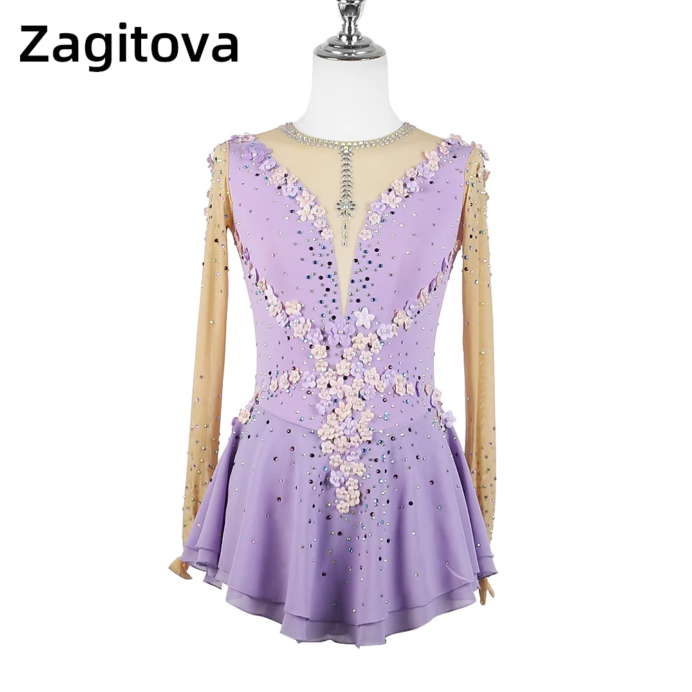 

Zagitova Figure Skating Dress Women Girls Ice Skating Skirt Performance Competition Light Purple Colored Flowers Mesh Skirt