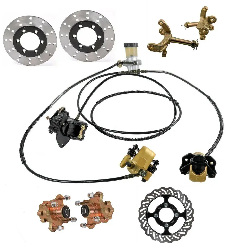 Go Kart Front Steering Spindle 4 Stud Wheel Hub Hydraulic Twin Brake Caliper Brake Disc Rotor Kit for Quad Dirt Bike ATV Buggy