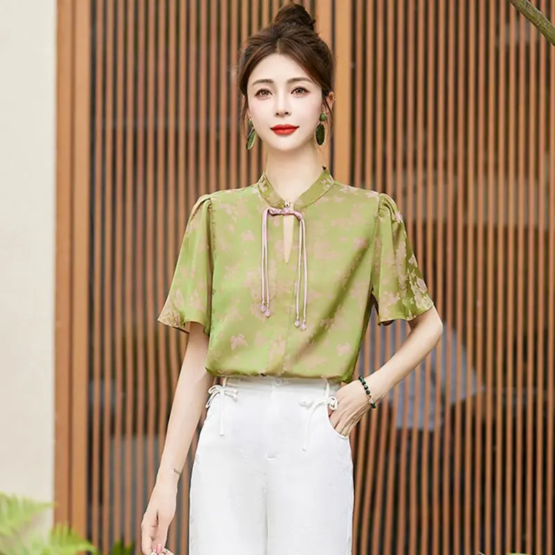 Nowa koszula damska w stylu chińskim zapinana na guziki, żakardowa, letnia, nowa, elegancka, luksusowa bluzka.