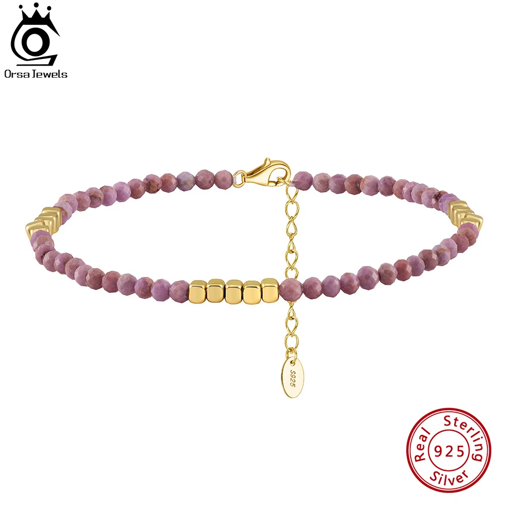 ORSA JEWELS Elegant 925 Sterling Silver Purple Mica Anklet with Gold plated block for Women Summer Beach Foot Chain Jewelry SA89