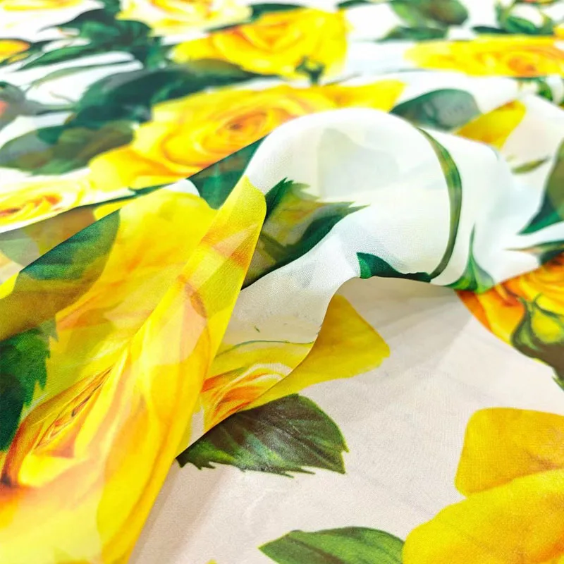 2024 New European And American Yellow Rose Flower Printed Poplin Cotton Fabric For Women Dress Blouse Handmade DIY Clth Sewing