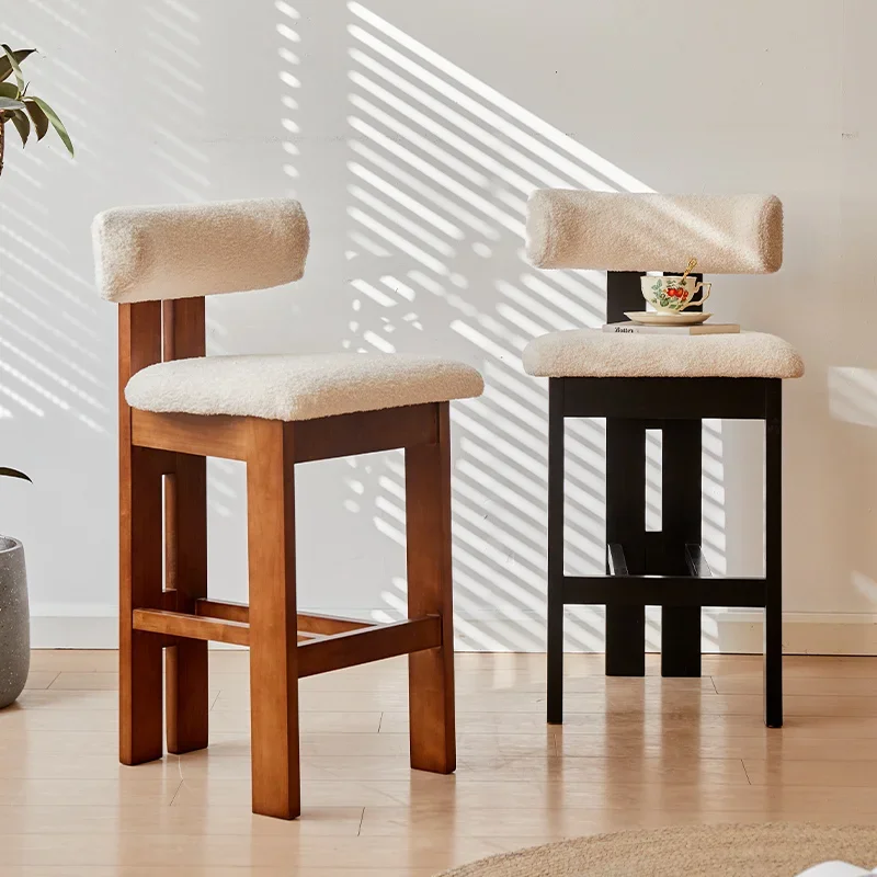 

Vintage French-Style Bar Stool with High Back Sheepskin Velvet Seat Retro Wabi-Sabi Designer Island Counter Chair Solid Wood