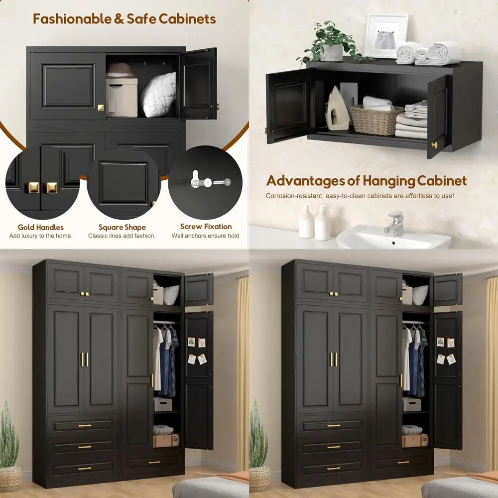 15 Black Wall-Mounted Storage Cabinet, Compact Armoire for Wardrobe, Ideal for Bedrooms, Offices, and Gyms, Easy Assembly