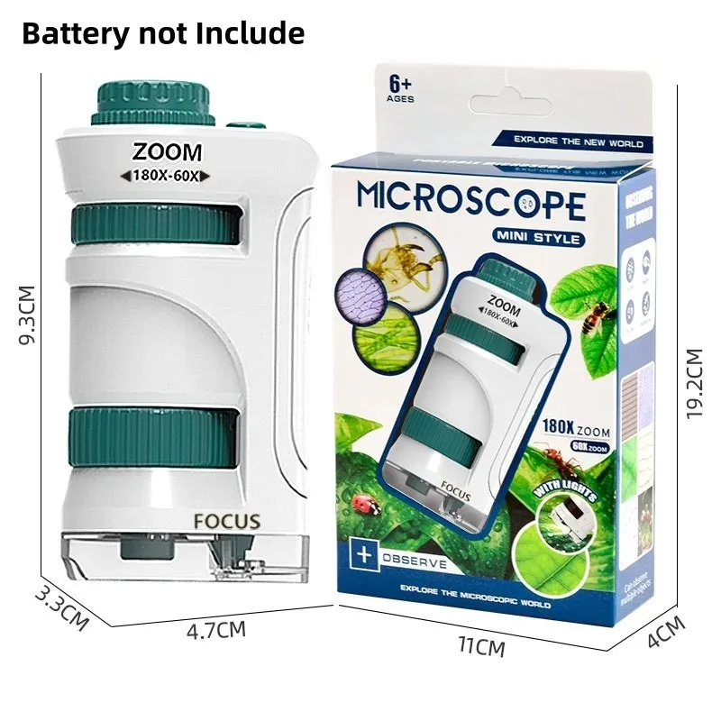 Kids Microscope Toy 60-180X Magnifying Educational Science Kit with 12 Slides Learning Gift for Children Classroom Home Camping