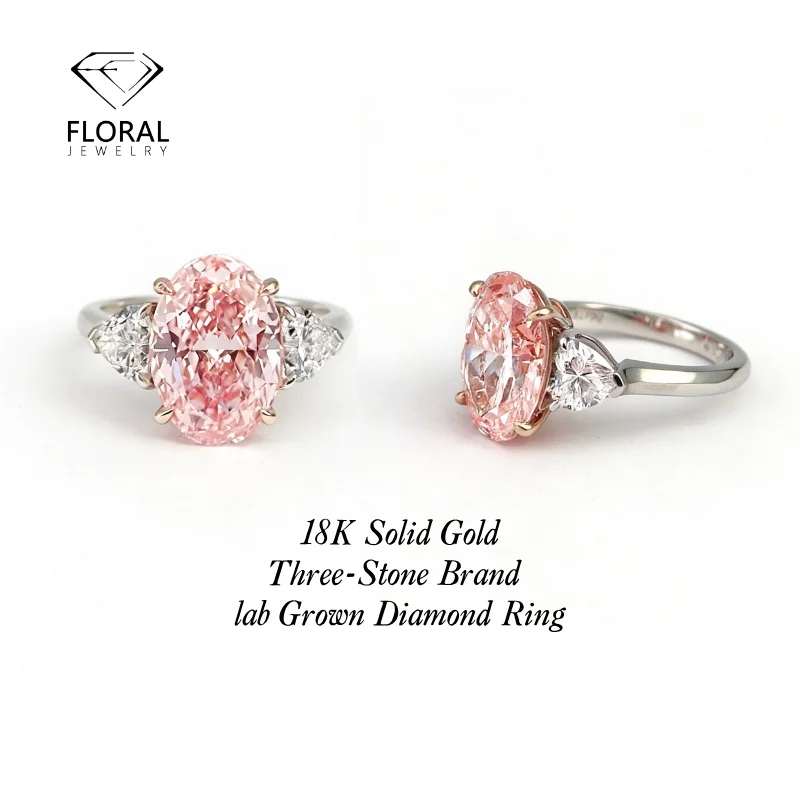 

Oval Pink Lab Created Diamond Three-Stone Engagement Ring Custom Fine Jewelry CVD HPHT Diamond Ring with Certificate