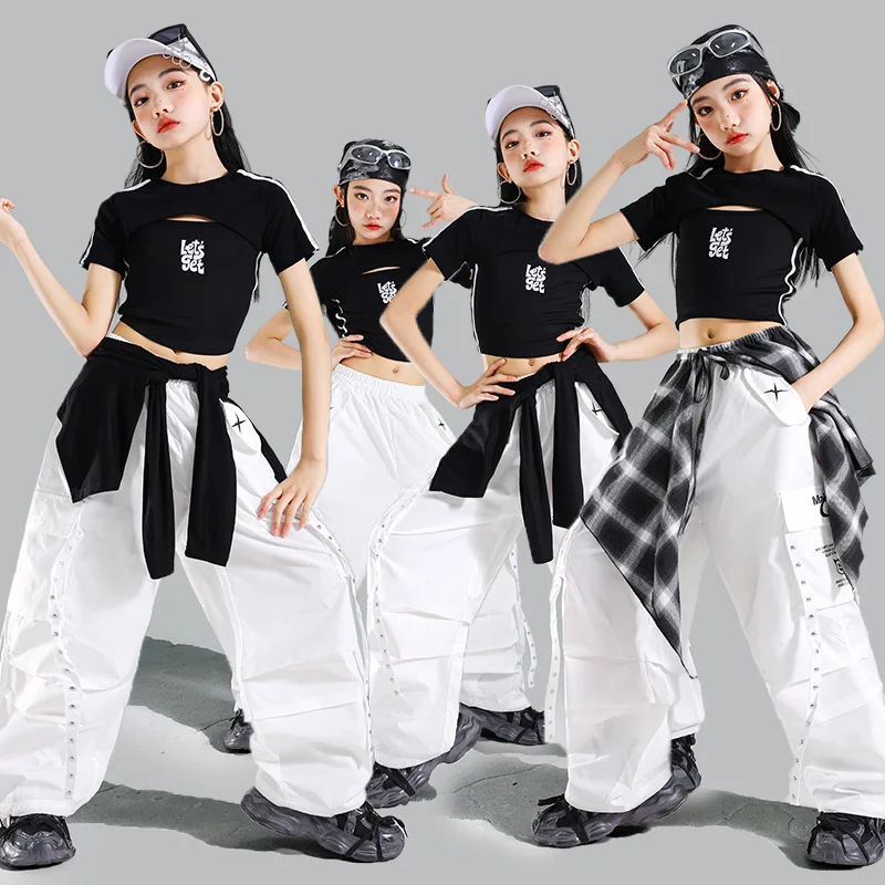 

Одежда для девочек Kpop в стиле хип-хоп, укороченная майка, футболка, брюки для бега, комплект для детей, костюм для джазового танца, уличная одежда для подиума