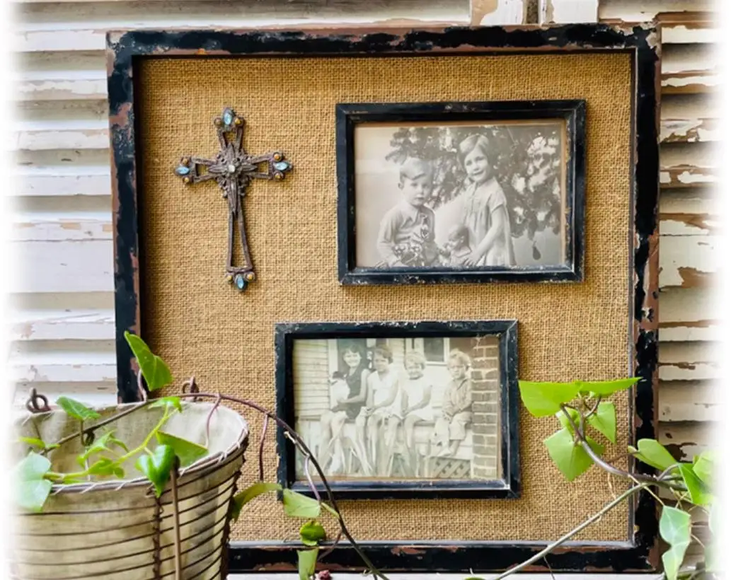 

Vintage Rustic Black Linen Wooden Wall Photo Frame with Cross