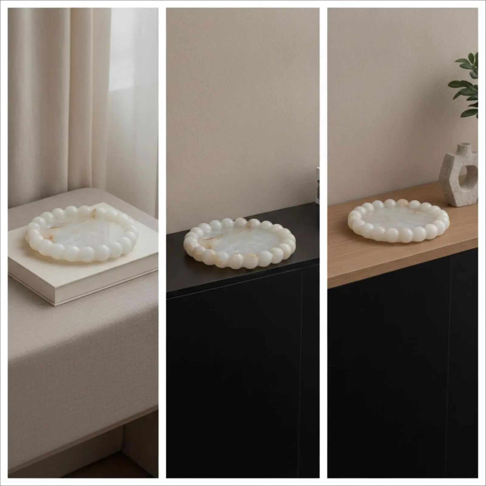 Round Natural Jade Tray with Beaded Rim Decorative Stone Plate for Dining Room Centerpiece Display