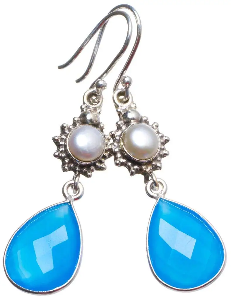 

StarGems® Natural Chalcedony and River Pearl Handmade Unique 925 Sterling Silver Earrings 2" X3339