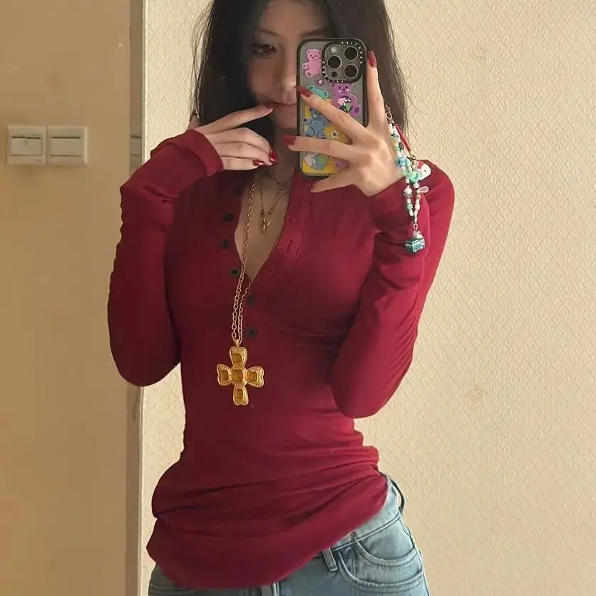 

Long-Sleeved T-Shirt Women Slim Fit Autumn Winter Button Solid Color Tops Tight-Fitting Sexy Versatile Street Style Simple