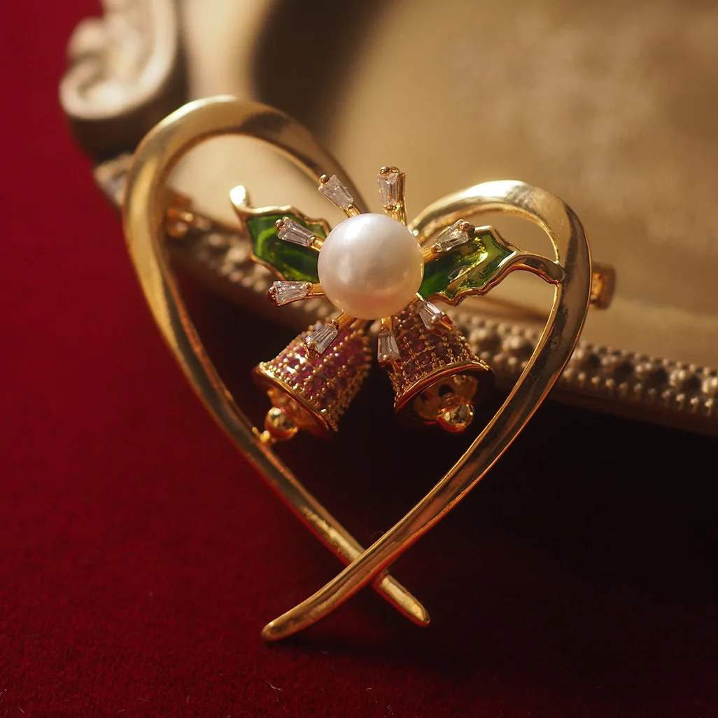 

Heart Bell Holiday-Themed Enamel Brooch - Freshwater Cultured Pearl Artisan Vintage, High-Luster Luxury-Style Gift