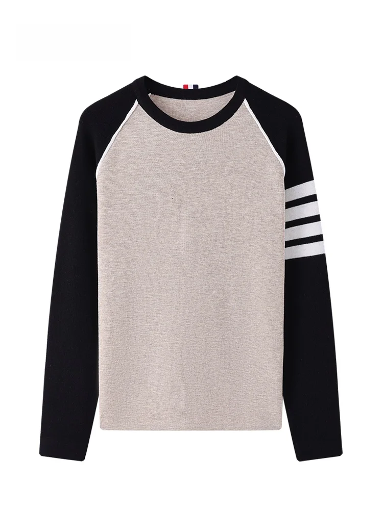 

Женский облегающий вязаный свитер JZZDEMM с круглым вырезом, цветными полосками на манжетах, длинными рукавами, модный базовый топ