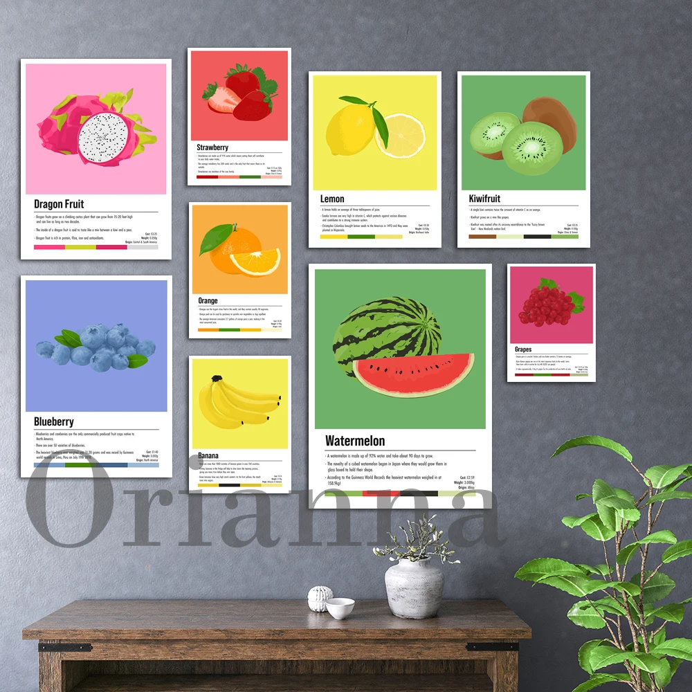 Aesthetic Fruit Print, Watermelon, Blueberry, Dragon Fruit, Orange, Kiwi, Strawberry, Lemon, Grapes, Banana, Kitchen Art Poster