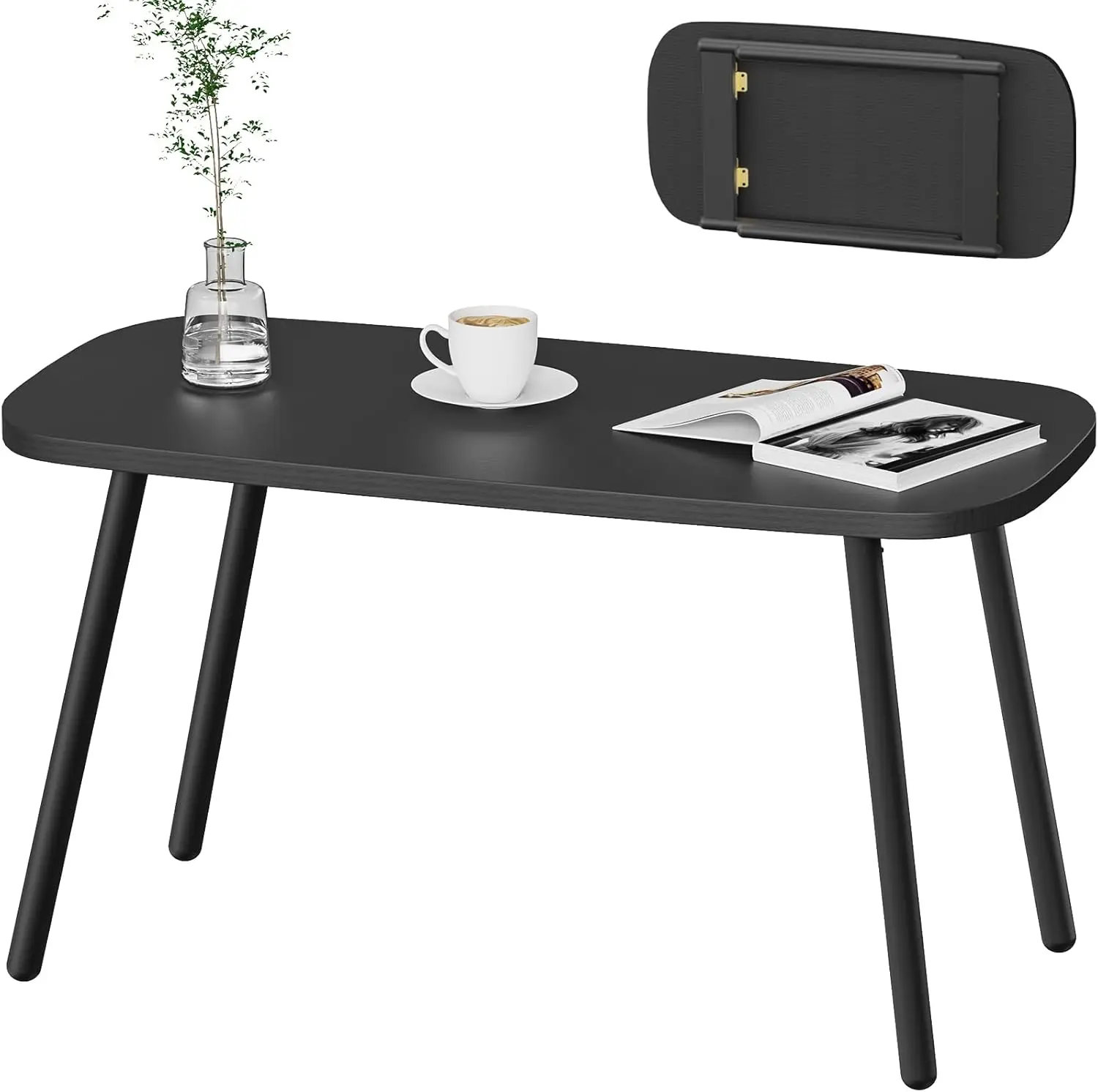 

！@Combohome Wood Folding Coffee Table with Metal Legs, Mid Century Modern Black Coffee Tables for Living Room, Home