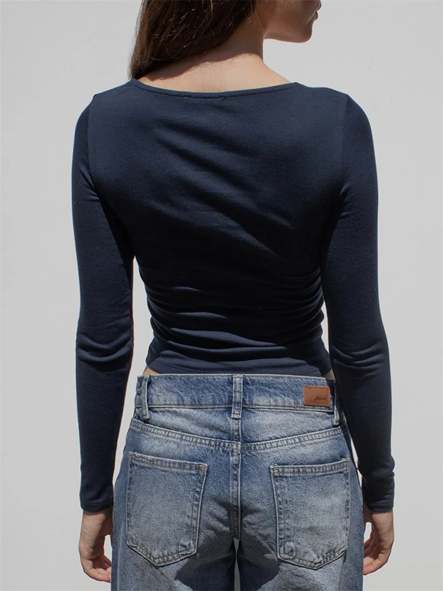 Women's Summer Slim Cropped Tops Solid Color Long Sleeve Twist Front V-Neck Show Navel T-Shirt