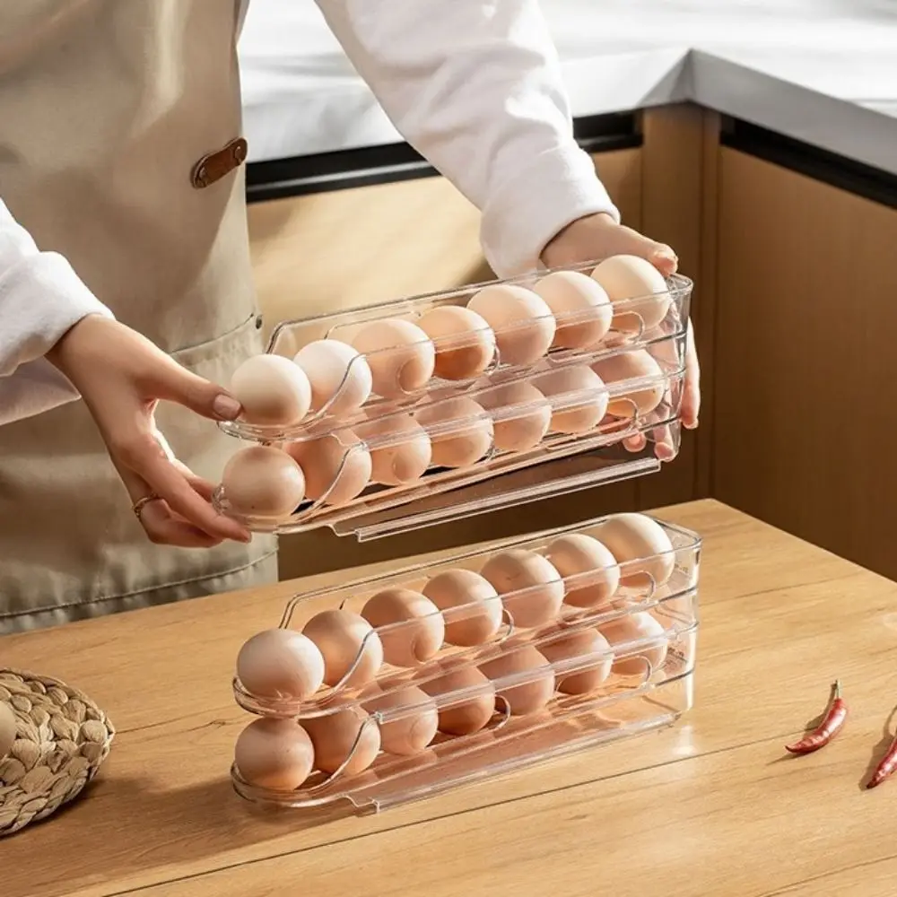 2PCS Plastic Automatic Slide Egg Storage Box Clear Stackable Roll Off Egg Storage Rack Space Saving Large Capacity