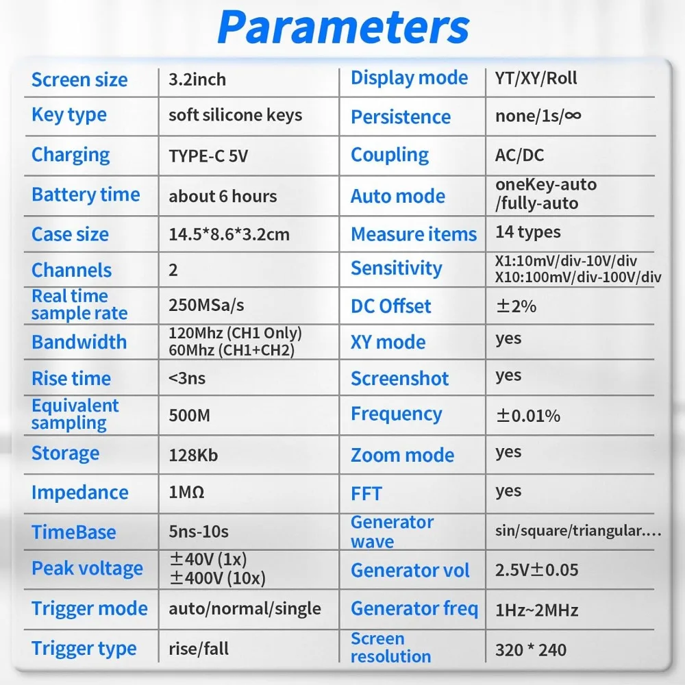 LCD Handheld Digital Oscilloscope Kit - 2 Channel 3.2" TFT 120Mhz Digital Oscilloscopes Portable 250MSa/s Sampling Rate