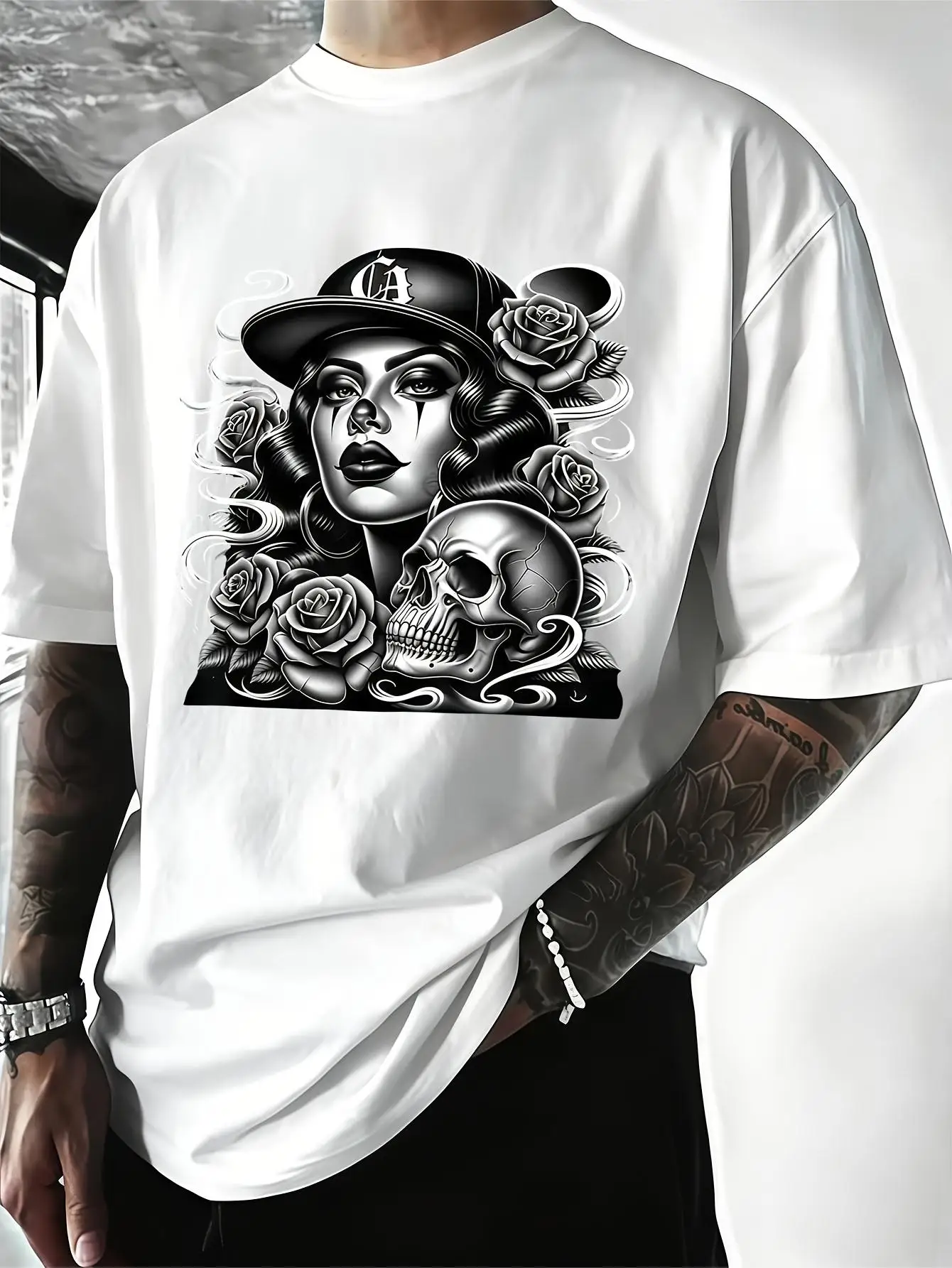 And White Skull Rose Trendy Art Print Men's T-shirt, Casual and Fashionable Style, Suitable Daily Wear, Home Wear, Beach Vacations, Etc., as a Mother's Day, Graduation, Easter, Eid, Sports Events