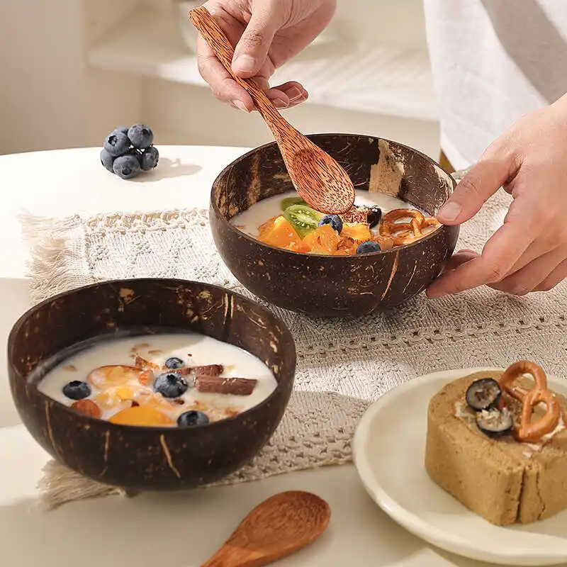 Natural Coconut Shell Bowl And Spoon Set For Serving Dishes Salad Wooden Reusable Kitchen Tableware Coconut Bowls Fruit Bowl